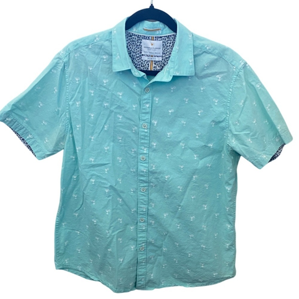 Denim & Flower Aqua Short Sleeve Shirt with Martini Glasses Pattern. Size L.